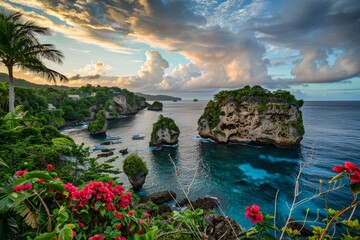 Stunning landscape depicting a tropical coastline with dramatic sky, cliff formations and lush vegetation - obrazy, fototapety, plakaty