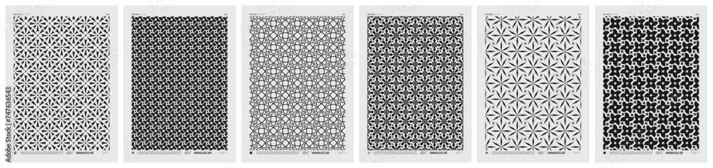 Poster Abstract vector Minimalistic Posters with geometric pattern, Black and White rhythmic repeating texture, creative modern artwork with typically repeated element various shapes, set 9