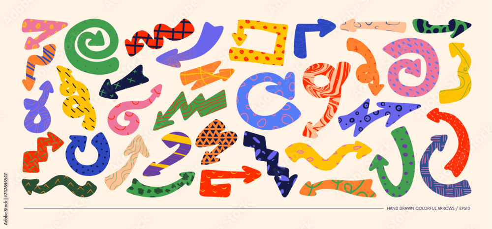 Aufkleber Collection of minimalistic bizarre cartoon arrows sketch handmade with different textures in matisse art style, vector unusual pointers