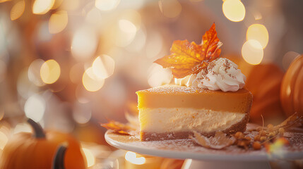 Delicious slice of pumpkin cheesecake in a plate on a blurred background.
