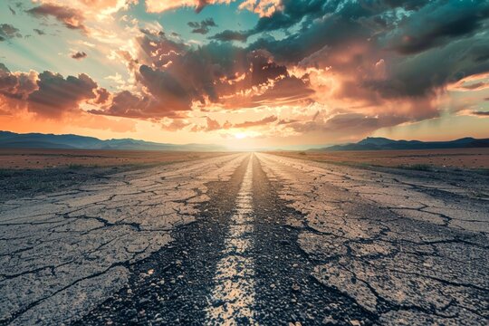 Captivating shot of an empty weathered road stretching towards a dramatic sunset horizon under a cloud-filled sky