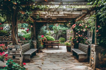 Fototapeta na wymiar A picturesque garden pathway under an arbor, adorned with vibrant blooming roses and tranquil seating areas