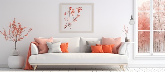 A contemporary living room featuring a white couch adorned with vibrant orange pillows. The room is tastefully decorated, with a minimalist aesthetic and clean lines.