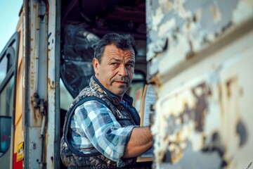 A middle-aged male mechanic with a serious expression leaning on a bus, showing signs of wear and tear
