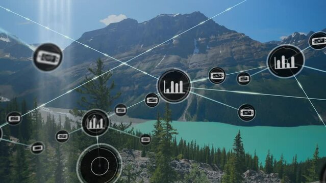 Animation of network of connections with icons over mountain landscape