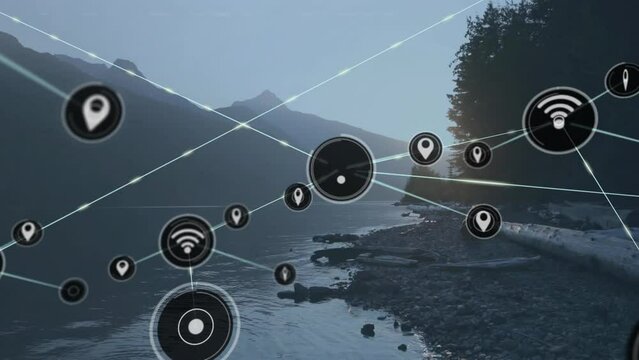 Animation of network of connections with icons over mountain landscape