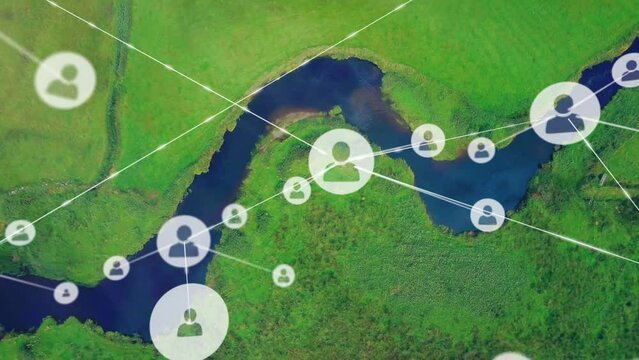 Animation of network of connections with icons over river landscape