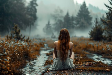 Captivating image of a woman in solitude, sitting on a path in a misty forest, evoking contemplation and serenity