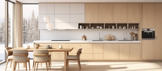 A modern trendy kitchen and dining room featuring wooden cabinets, a table, chairs, and a large window. The space is designed in minimalist Japandi style with white and beige tones.