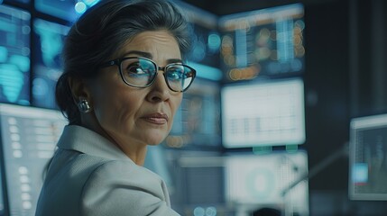 Hispanic female senior data scientist reviewing reports of risk management department on a big digital screen in the monitoring room. 