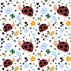 Cartoon animals seamless ladybug and flower and letters pattern for wrapping paper and kids print and party accessories
