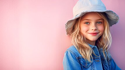 Joyful child in light hat and denim jacket against a pink wall, creating a delightful portrait.
