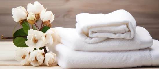 Wallpaper murals Massage parlor A stack of pristine white towels neatly arranged on a wooden table, exuding a sense of cleanliness and luxury. Ideal for spa, hotel, or massage parlor settings,