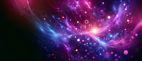 Vibrant Cosmic Phenomenon. A Banner with Abstract Space Nebula, Twinkling Stars, Ethereal Pink Purple and Blue Lights - Fantasy Universe Background backdrop with Copy Space for Coupons