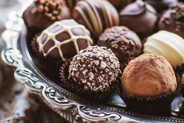Assortment of chocolate candies on silver plate.