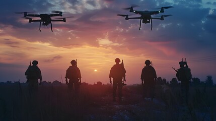 Fototapeta na wymiar Silhouette of Soldiers using drones scouting during military, Modern army guidance views enemy positions, reconnaissance, smart war field medicine division Hospitallers search wounded on battlefield