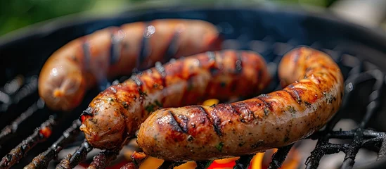 Foto op Plexiglas Two juicy sausages sizzle on a homemade grill, imparting a delectable flavor during the vibrant spring season. © AkuAku