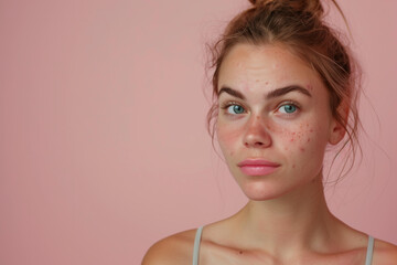 portrait of a beautiful girl with problem skin and acne isolated on a pastel pink background with copy space