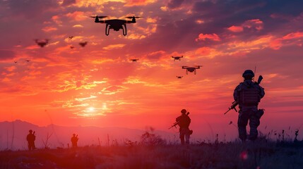 Fototapeta na wymiar Silhouette of Soldiers using drones scouting during military, Modern army guidance views enemy positions, reconnaissance, smart war field medicine division Hospitallers search wounded on battlefield