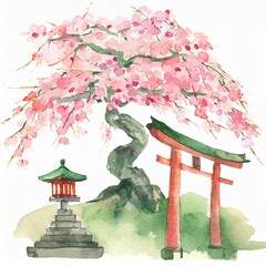 桜と神社の鳥居の水彩画