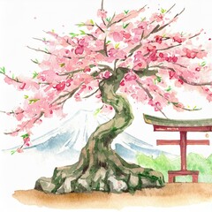 桜と鳥居と富士山の水彩画