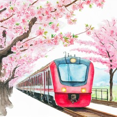 桜と電車の水彩画