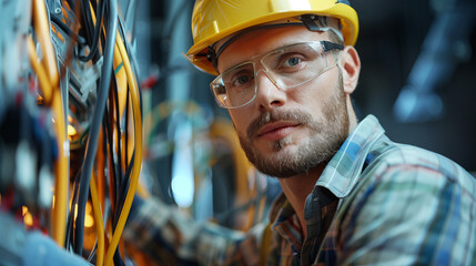 Focused Electrician in Hard Hat Inspecting Wiring, Industrial Environment Expertise