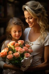 a woman and a little girl are holding a bouquet of roses. mothers Day