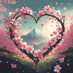 ハートの桜と山