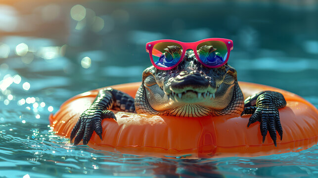 Alligator Lounging on Orange Float with Stylish Pink Sunglasses, Quirky Summer Fun