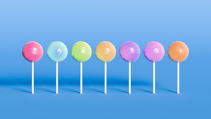 Lollipops sweet candies on blue background in row, 3d render