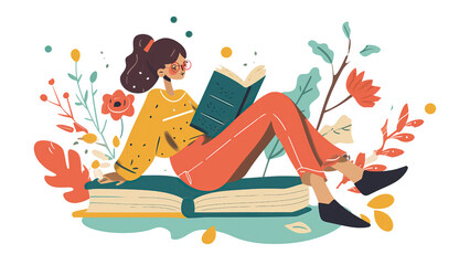 Kobieta siedzi na dużym tomie książki i skupiona czyta zawartość innej książki. Koncentruje się nad tekstem, trzymając się wygodnie i skupiając swoją uwagę na czytaniu