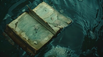Eerie close-up of an old book as it sinks, pages fluttering, in shadowy water, secrets lost