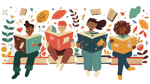 Grupa ludzi siedzi na latających książkach skupiona nad czytaniem książek. Każda osoba zajęta jest lekturą skupiona na treści. Atmosfera jest spokojna i skupiona, w tle książki i rośliny