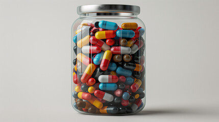Jarre en verre plein de médicaments, pilules et comprimés en tous genres et de toutes les couleurs