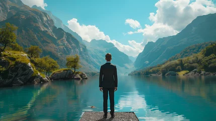 Fotobehang Un homme en costume regarde le paysage magnifique devant lui, un lac de montagne par un temps d'été © Leopoldine