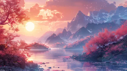 Fotobehang Illustration d'un paysage rougeoyant avec des cerisiers en fleurs devant un lac de montagne pendant le coucher de soleil © Leopoldine