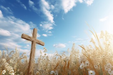 Catholic cross image on the background of a summer field with flowers.  place for text.  Happy Easter concept
