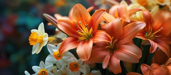Obraz na płótnie Canvas A beautiful bouquet of orange lilies and narcissus flowers arranged in a vase, showcasing a vibrant and captivating burst of colors.