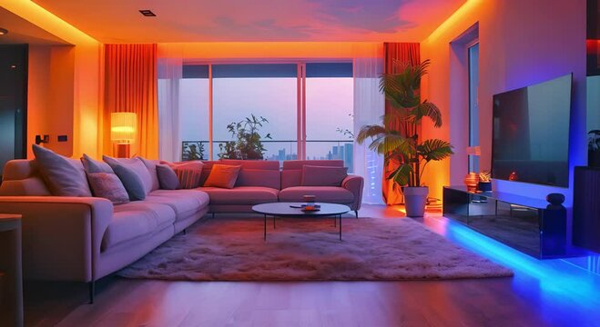 The modern living room is illuminated with RGB LED lights with a smart home concept  
