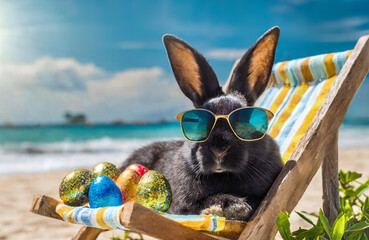 Black easter bunny with sunglasses is relaxing with colorful eggs in a sun lounger on the beach