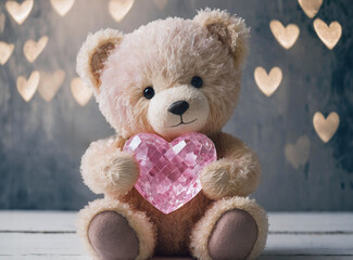 Cute teddy bear holding pink crystal heart