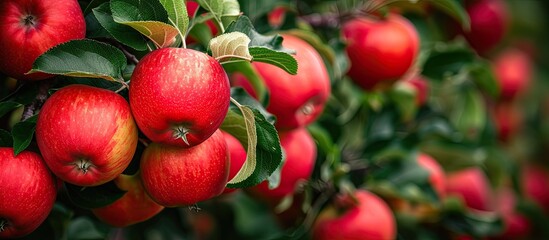 Obraz premium A cluster of ripe red apples dangling from the branches of a lush apple tree in a vibrant orchard setting. The apples are perfectly ripe and ready for harvest.