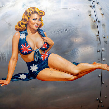 Illustration of vintage World War 2 Bomber Nose Art Pinup girl wearing an Australian flag bikini painted on chrome military aircraft panels