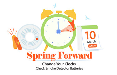Daylight saving time begins 10 march 2024 banner. Spring Forward time. Banner reminder with info about changing time and batteries, smoke alarm. Clock forward one hour. USA and Canada - obrazy, fototapety, plakaty