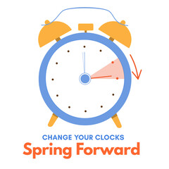 Spring Forward banner. Daylight saving time begins - clock turn forward one hour. Banner reminder. Vector illustration