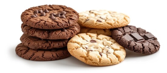 A stack of chocolate and vanilla cookies arranged neatly on top of each other against a white background.