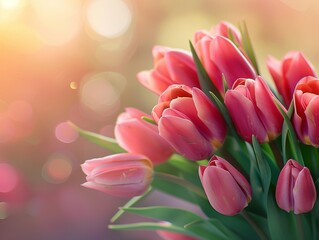 Obraz premium Bouquet of pink tulips on blurred background, Mother's Day background, soft focus