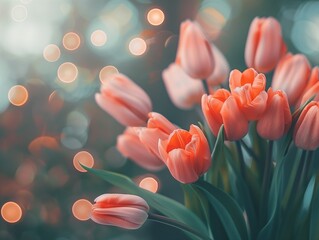 Bouquet of pink tulips on blurred background, Mother's Day background, soft focus