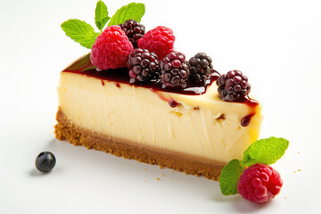 A delectable slice of cheesecake topped with fresh raspberries, blackberries, and a sprig of mint, elegantly drizzled with raspberry sauce.